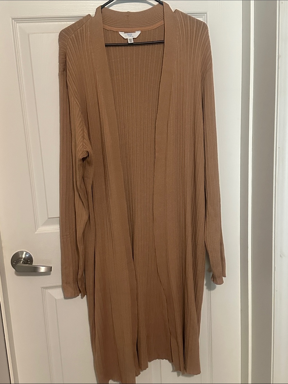 Time and Tru Ribbed Open-Front Long Cardigan in Camel